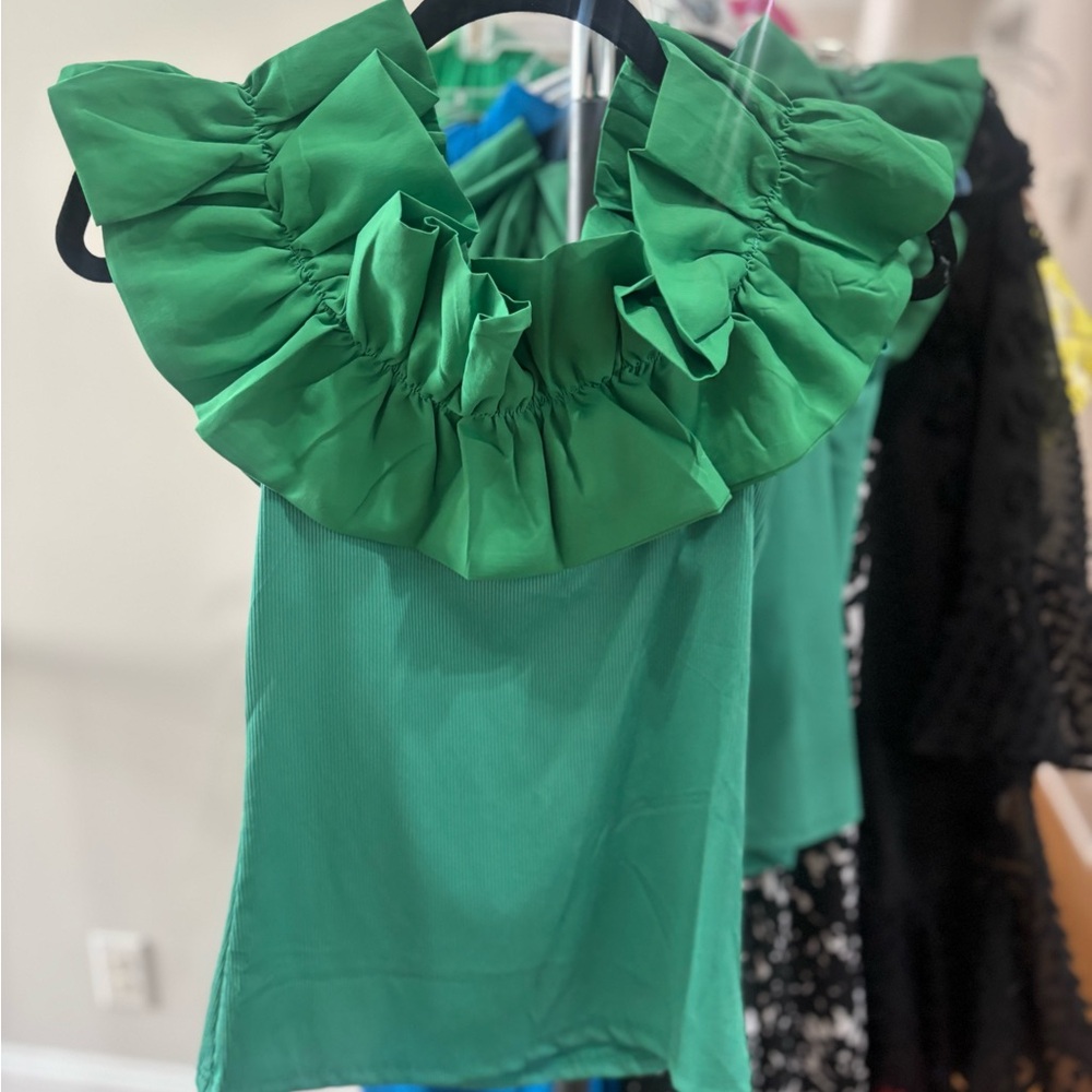Green Ruffled Off-Shoulder Top